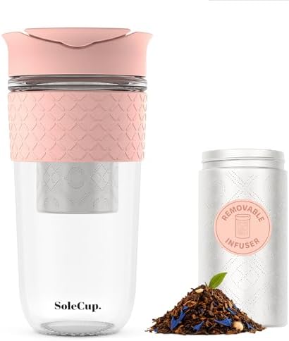 Large Travel Mug Loose Tea Infuser - Detachable Tea Strainer with Spill Proof Lid - 18oz/530ml BPA-Free Reusable Glass Travel Coffee Cup with Silicone Band (Pink, 18oz) by SoleCup