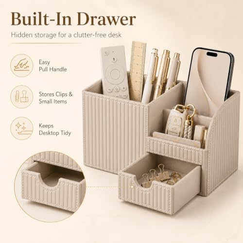 KINGFOM Luxury PU Leather Desk Organizer with Drawer, Modern Aesthetic Office Desk Accessories for Men & Women, Multi-Compartment Pen Holder & Desktop Storage Organizer for Home Office - Image 3