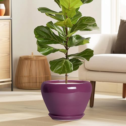 Ceramicfor 10 Inch Plant Pot - Ceramic Planter with Drainage Hole and Saucer, Round Modern Flower Pot for Indoor Outdoor Plants, Housewarming Gift, Home Garden Decor, Purple - Image 2