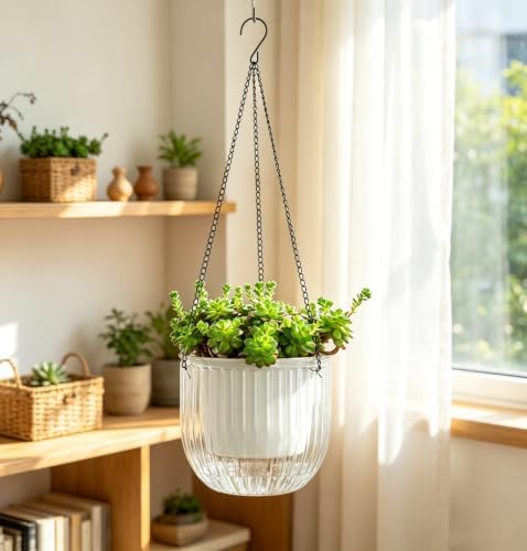 Melphoe 2 Pack Self Watering Hanging Planters Indoor Flower Pots, 5.3/8.3 Inch Outdoor Hanging Basket, Plant Hanger with 3Hooks Drainage Holes for Garden Home (White) - Image 3
