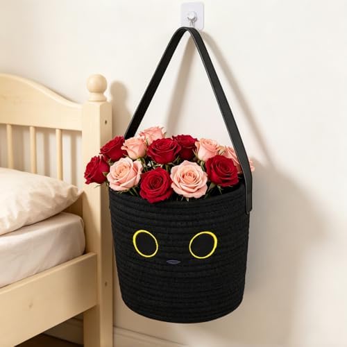 Black Cat Cotton Rope Basket - Cute Baby Woven Basket with Handle for Toys & Baby Stuff, Kawaii Nursery Decor, Baby Gift Box (7.8"x7") - Image 3