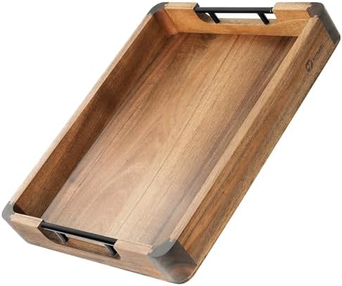 Wood Serving Tray with Handles, 17"x13" Large Decorative Ottoman Tray for Coffee Table, Walnut and Acacia Wooden Serving Trays for Party, Home Decor Rectangular Platters with 3 Silicone Mats by Unknown