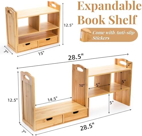Eorbow Bamboo Desktop Bookshelf, Expandable Counter Bookcase, Storage Shelves Rack Organizer with Anti-Slip Pads, Cute Small Desk Display Cubby Top for Office Supplies, No Assembly Needed - Image 3