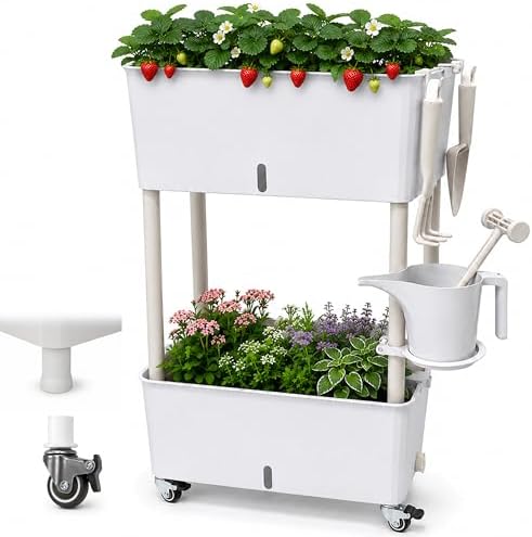 2-Tier 27.8"H Rolling Raised Garden Bed with Wheels, Self Watering Planter Box with Visible Water Level, Gray Rustproof Plastic Herb & Strawberry Planter for Indoor Outdoor Vegetables Flowers, DIY Kit by SORANGEUN