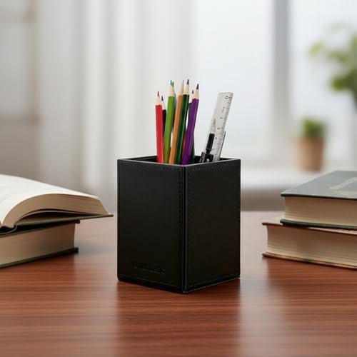 UnionBasic Square Pen Holder, Leather Pencil Cup, Desktop Caddy Stationery Organizer, Black - Image 6