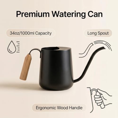 34oz Capacity, Indoor Plants Watering Can with Long Spout, Black Metal with Wood Handle (Black) - Image 4