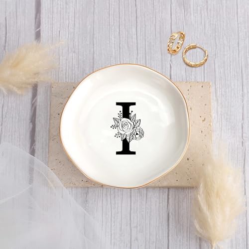 JoycuFF Initial I Ceramic Jewelry Tray, Bridesmaid Bride Gifts, Mothers Day Christmas Anniversary Engagement Birthday Gifts for Women Couples, Trinket Dish for Rings Earrings Necklaces Bracelets Keys - Image 2