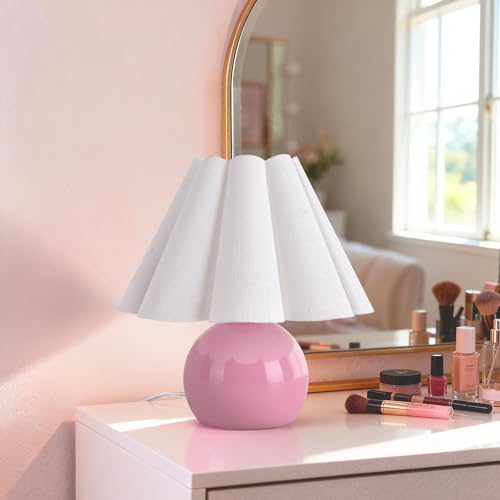 Pink Small Bedside Mini Table Lamp for Bedroom, Cute Bedroom Lamps for Nightstand, Cute Mini Table Lamps for Small Spaces with Scalloped Shade for Kitchen Counter, Bookshelf, Kids Dorm, Home Office by Unknown