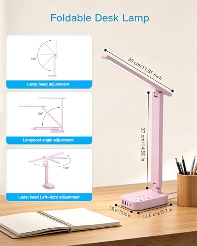 LED Desk Lamp, Power Strip with 4 USB 3 Outlets, Dorm Room Essentials, Pink - Image 6
