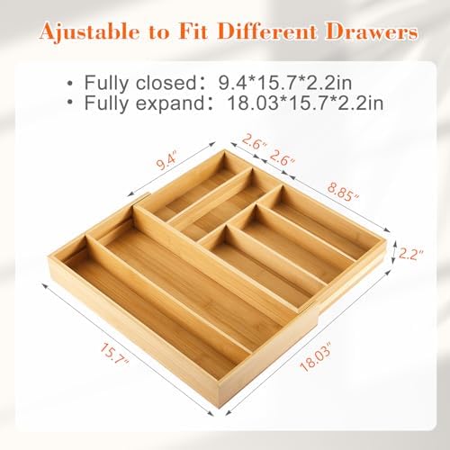 Briwooody Bamboo Sliding Desk Drawer Organizer 9.4'' up to 18'' x 15'' x 2'' Expandable Office Desk Accessories Supplies Tray with 7 Compartments for Pens, Notebooks, Rulers, and Makeup Jewelry Vanity - Image 2