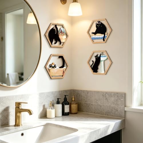 HPNIUB Funny Bathrooms Wall Decor, Black Cats In the Bath Wood Sign, 4 Pieces Farmhouse Wooden Hanging Sign for Toilet Powder Room Restroom Wall Decoration, Lovely Cat Gifts(11''x9.8'') - Image 4