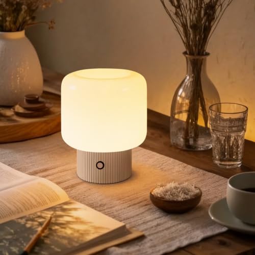 MAGCHARM Halo Mushroom Lamp, 5W Cute Cordless Rechargeable Table Lamp with Glass Shade, 3 Color Temps LED Dimmable Ambient Lighting, Small Retro Touch Bedside Light for Bedroom Decor, White by Magcharm