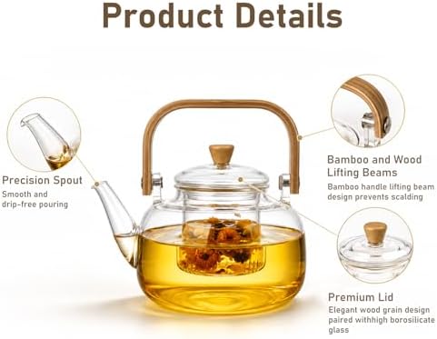 1000ml (33.8oz) Borosilicate Glass Teapot with Wooden Handle, Stovetop Safe Clear Tea Kettle with Removable Glass Infuser for Blooming Tea & Loose Leaf Tea - Image 3