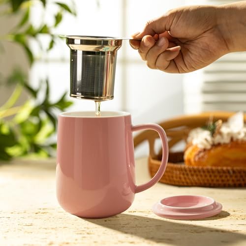 Sweese 20 OZ Porcelain Tea Mug with Infuser and Lid, Loose Leaf Tea Cup, Gifts for Tea Lover - Pink - Image 3