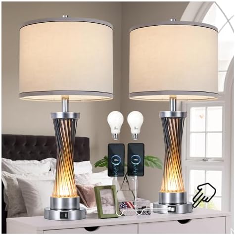 3-Way Dimmable Table Lamp Set of 2,Touch Control Lamp with Night Light,Modern Blue Crystal Table Lamps for Bedroom,Living Room，Bedside Lamps with USB A+C Ports，Fabric Lampshade(Blubs Included) - Image 2