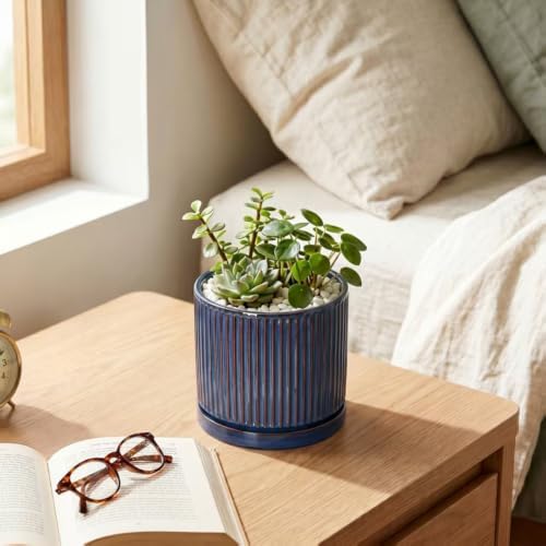 4 Inch Pots for Plants, Ceramic Plant Pots with Saucer, Retro Blue - Image 6