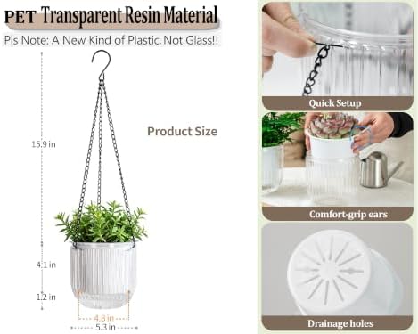 Melphoe 2 Pack Self Watering Hanging Planters Indoor Flower Pots, 5.3 Inch Outdoor Hanging Basket, Plant Hanger with 3Hooks Drainage Holes for Garden Home (White) - Image 6