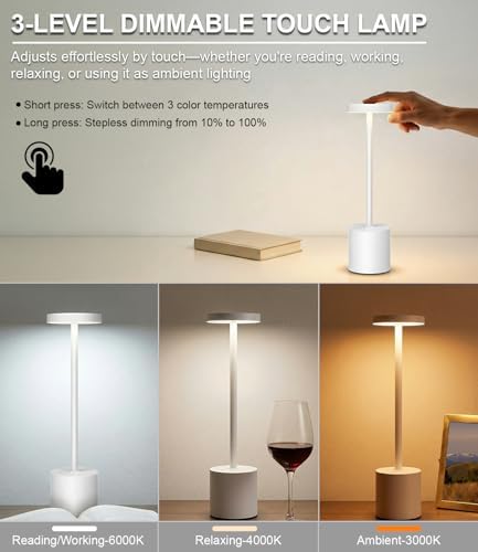 Swinerton White Rechargeable Cordless Table Lamps Set, 5000mAh Battery Powered Wireless Table Light, Portable LED Desk Lamp, 3 Color Dimmable Lighting for Restaurant Dining Patio Outdoor Bedroom - Image 3