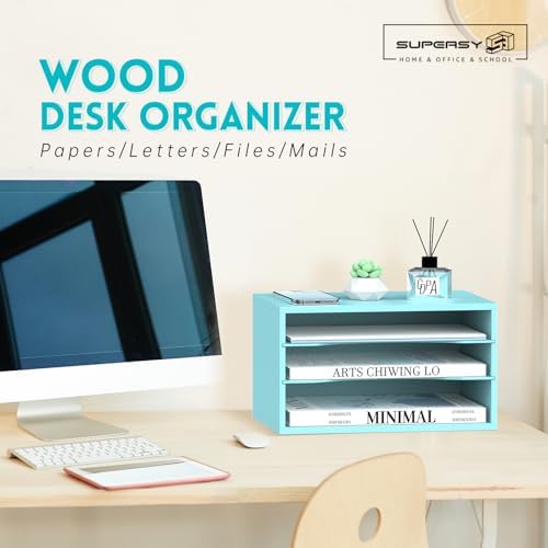 3 Tier Wood Desk Organizer, Mail Sorter and Paper Organizer for Desk, Blue - Image 2