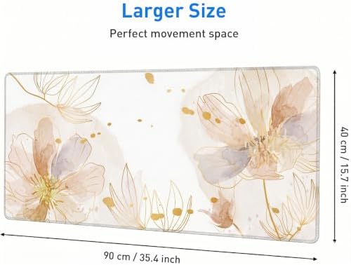 Gold Desk Mat, Aesthetic Floral Large Mouse Pad, 35.4 x 15.7 Inch XXL Keyboard Mat Non-Slip Waterproof Desk Pad, Full Desk Protector for Women Office Home (Champagne) - Image 3