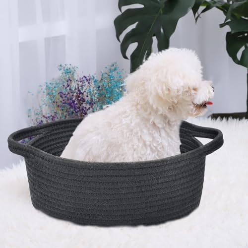 ABenkle Small Basket with Handles, Boho Decorative Rope Woven Dog Cat Toy Storage Bin Shelf Storage Organizer, Easter Christmas Gift Basket, 12"x8"x5", Black - Image 4