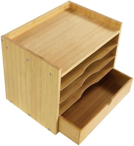 KKTONER 5-Tier Bamboo Desk Organizer with Drawer Tabletop File Organizer Document Holder with Shelf Desktop Cabinet for Home Office School Supplies (Natural) by KKTONER