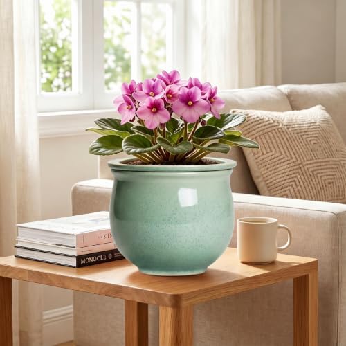 Ceramic Self Watering Planter, 8 Inch African Violet Pots, Green - Image 3