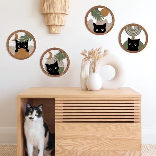 HPNIUB Abstract Mid Century Boho Black Cat Wall Decor-4 Pieces 10''x10'' Farmhouse Geometric Hanging Wooden Wall Art,Bohemian Moon and Sun Wood Sign for Nursery Bedroom Decoration, Lovely Cat Gifts - Image 5