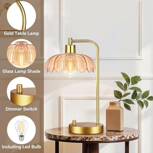 ILLMTW Glass Table Lamp Set of 2,Small Gold Bedside Lamps Dimmable Boho Bedroom Lamp with Tulip Flower Amber Lamp Shade,Vintage Mid Century Modern Mini Nightstand Lamp for Bedroom Living Room - Image 7