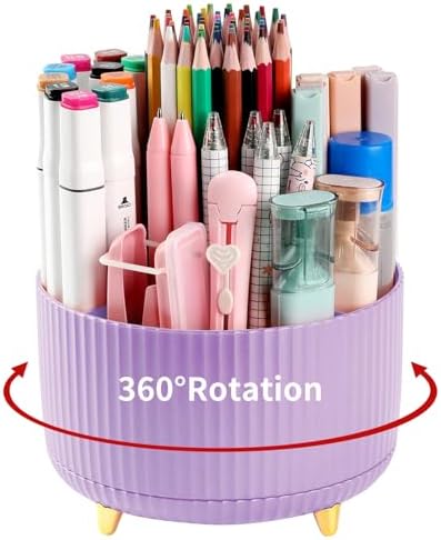 Desk Pencil Pen Holder, 5 Slots 360°Degree Rotating Pen Organizers for Desk, Desktop Storage Stationery Supplies Organizer, Cute Pencil Cup Pot for Office, School, Home, Art Supply, Purple by EDENMS