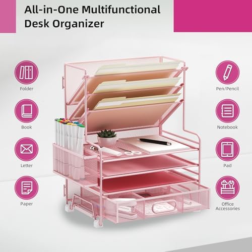 MINDEPOT 4-Tier Paper Organizer + 3-Pocket File Holder + Drawer + Pen Holders, Desktop File Organizers Paper Tray for Office Supplies School Classroom Organization (Pink, with Drawer & Pen Holder) - Image 3