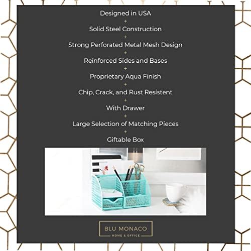 BLU MONACO Aqua Desk Organizer | Metal Turquoise Stationery Holder With Drawer and Compartments | Desktop Storage for School, Bedroom, Locker and Home | 5.5”D x 8.6”W x 5”H Accessory Caddy - Image 3