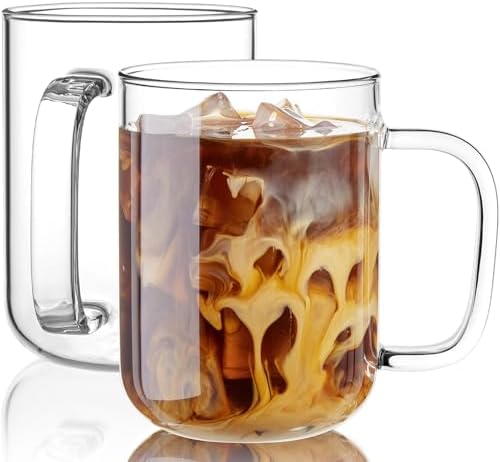Glass Coffee Mugs, 24 oz Ice coffee cups, Large Clear Tea Cups Set of 2, Glass Mugs with Handles, Glass Cups for Latte, Cappuccino, and Tea by BWODYAY