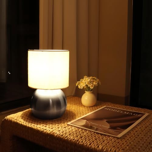 Modern Silvery Small Table Lamp with Cotton Linen Shade, 6.2×6.2×10.4 inch LED Desk Light, One-Button Switch for Bedroom, Living Room, Nightstand, Includes Warm Light Bulb - Image 5