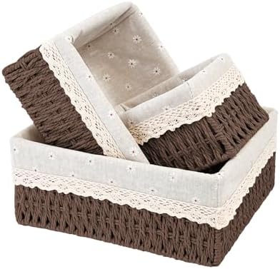 Wicker Storage Baskets 3-Pack Set, Hand-Woven Paper Rope Rattan Bins with Removable Liner, Multi-Size Organizer Baskets for Pantry, Countertop, Bedroom, Bathroom, Shelves (Dark-Brown, L+M+S) by EITMOW