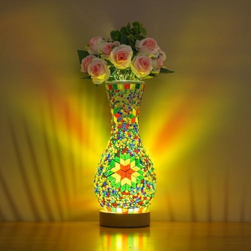 Mosaic Vase Lamp, Turkish Table Lamp with Wood Base, USB LED by JAITAIK