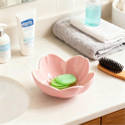 Pink Flower Ring Dish Jewelry Tray, Ceramic Jewelry Dish, Cute Small Trinket Tray, Nightstand Bathroom Decor Ring Holder, Jewlery Plate Bowl for Christmas Friendship Birthday Gifts for Women - Image 4