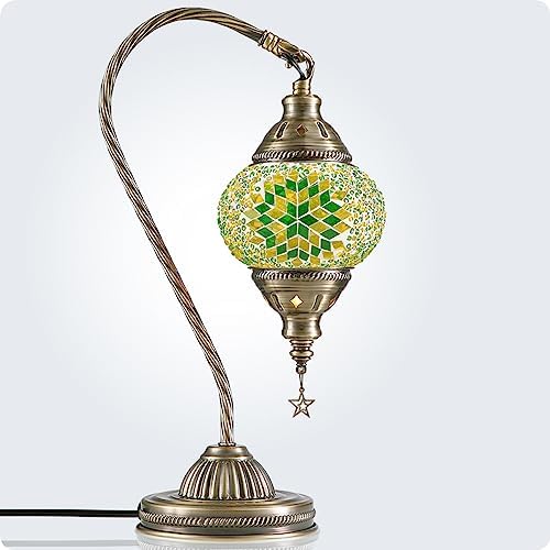 Yarra-Decor Turkish Moroccan Lamp with Bronze Base 3 Color Options Handmade Swan Neck Mosaic Glass Bedside Lamps for Bedroom (LED Bulb Included)(Green2) - Image 7