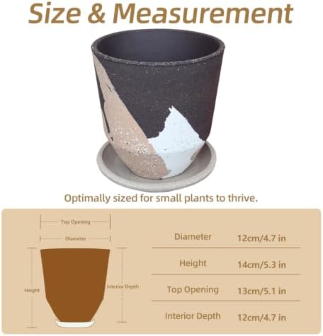 5.1 Inch Ceramic Planter Pot with Drainage Hole and Saucer, Rustic Round Flower Pot for Indoor Succulent Plants, Home Office Desk Decor(Brown&White) - Image 5