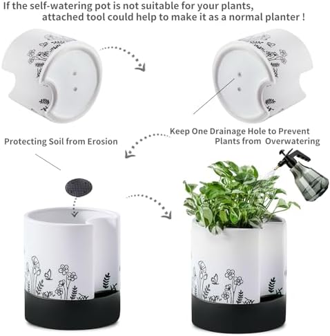 Nihow Self Watering Pots for Indoor Plants,8 Inch,White,Hand Painting - Image 4
