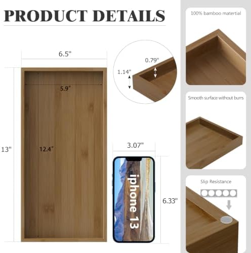 ZHWS Bathroom Vanity Tray for Countertop Perfume Makeup Jewelry Candle Decor, Kitchen Tray for Soap Dispenser Spice Salt, Large Tray for Toilet Tank Paper, Serving Nightstand Brown 13”x6.5” - Image 4