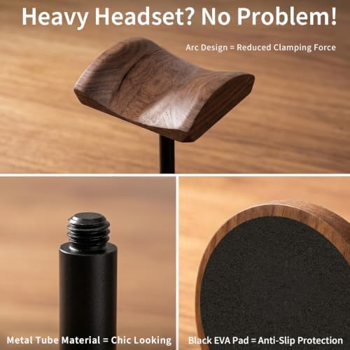 Headphone Holder Stand for Desk, Wood and Metal Headset Hanger Mount Hook Gaming Holder Desktop Earphone Artful Functional Craftsmanship Stand for All Headsets with Solid Wooden Base - Image 4