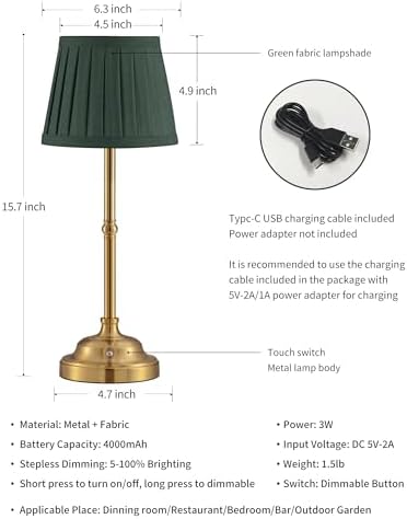 KDG Gold Cordless LED Table Lamps Set of 2, Green Fabric Shade Desk Lamps - Image 5