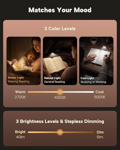 86lux Book Light, Rechargeable Clip-On LED Reading Light for Bed & Night Use - 3 Color Temperatures with Stepless Dimming, Ultralight Bookmark Design for Kids, Book Lovers, Pink Brown - Image 3