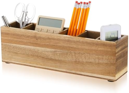Jetec Wooden Pencil Pen Holder for Desk, Acacia Wood, 6 Compartments by Jetec