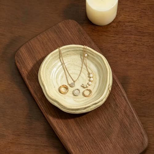 Wabi Sabi Ceramic Jewelry Dish, Earth Tone Rustic Footed Ring Dish, Minimalist Shallow Trinket Bowl for Rings Earrings Necklaces, Jewelry Tray for Vanity Counter Nightstand, Women Jewelry Gift by Unknown