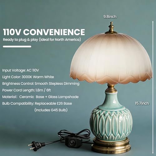 Vintage Green Ceramic Small Table Lamp with Amber Glass Shade - Image 6