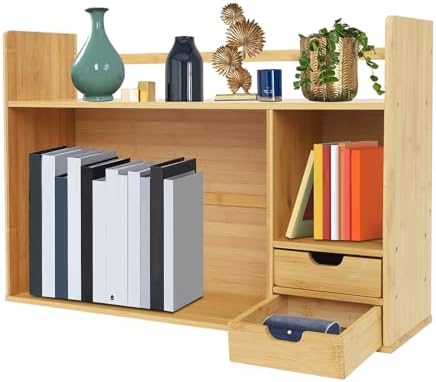 Bamboo Desktop Bookshelf with 2 Drawers, Small Bookcase for Students Study, Tow Shelves Office Desk Bookshelf Organizer, Books Paper Sorter Shelf on Desk by Unknown