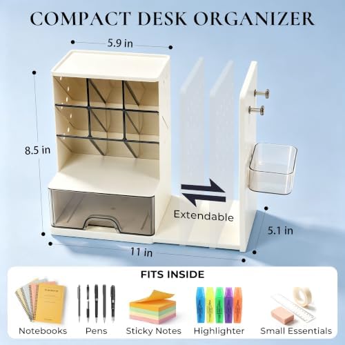 Desk Organizer with Drawer, Pen Holder with Slanted Pen Grooves White - Image 3