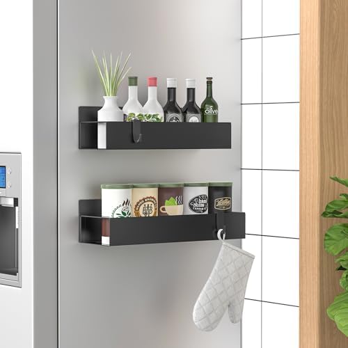 HuggieGems 2 Pack Magnetic Spice Storage Rack Organizer for Refrigerator and Oven, Matt Black Fridge Organizers and Storage by HuggieGems